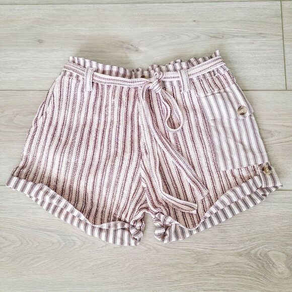 FP One Free People Harriet Short M Red Cream Striped Paperbag Belted Pocket Boho - Picture 1 of 13